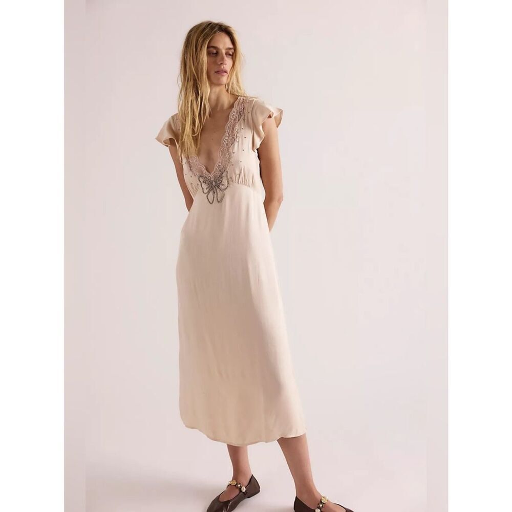 Free People Tied With Joy Midi Dress Neutral Lace-Trim Camisole size XL